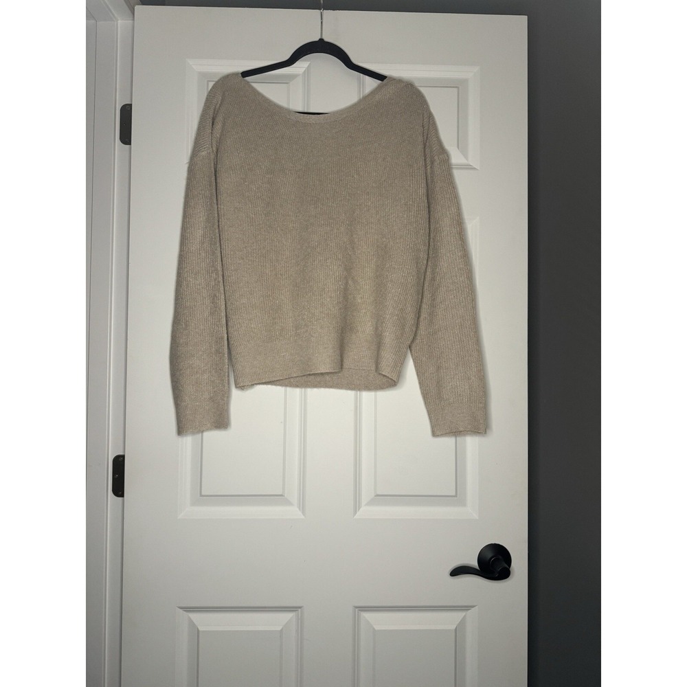 Hem And Thread Pullover Ribbed Knit Sweater Tan Large Satin Tie Back Nwt